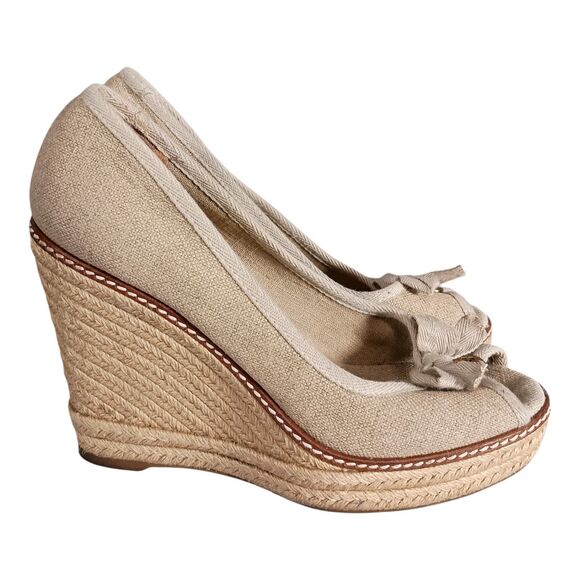 Tory Burch Jackie Espadrille Wedge Sandal Shoe Bow Peep Toe Beige Canvas 8.5 B - Picture 2 of 11